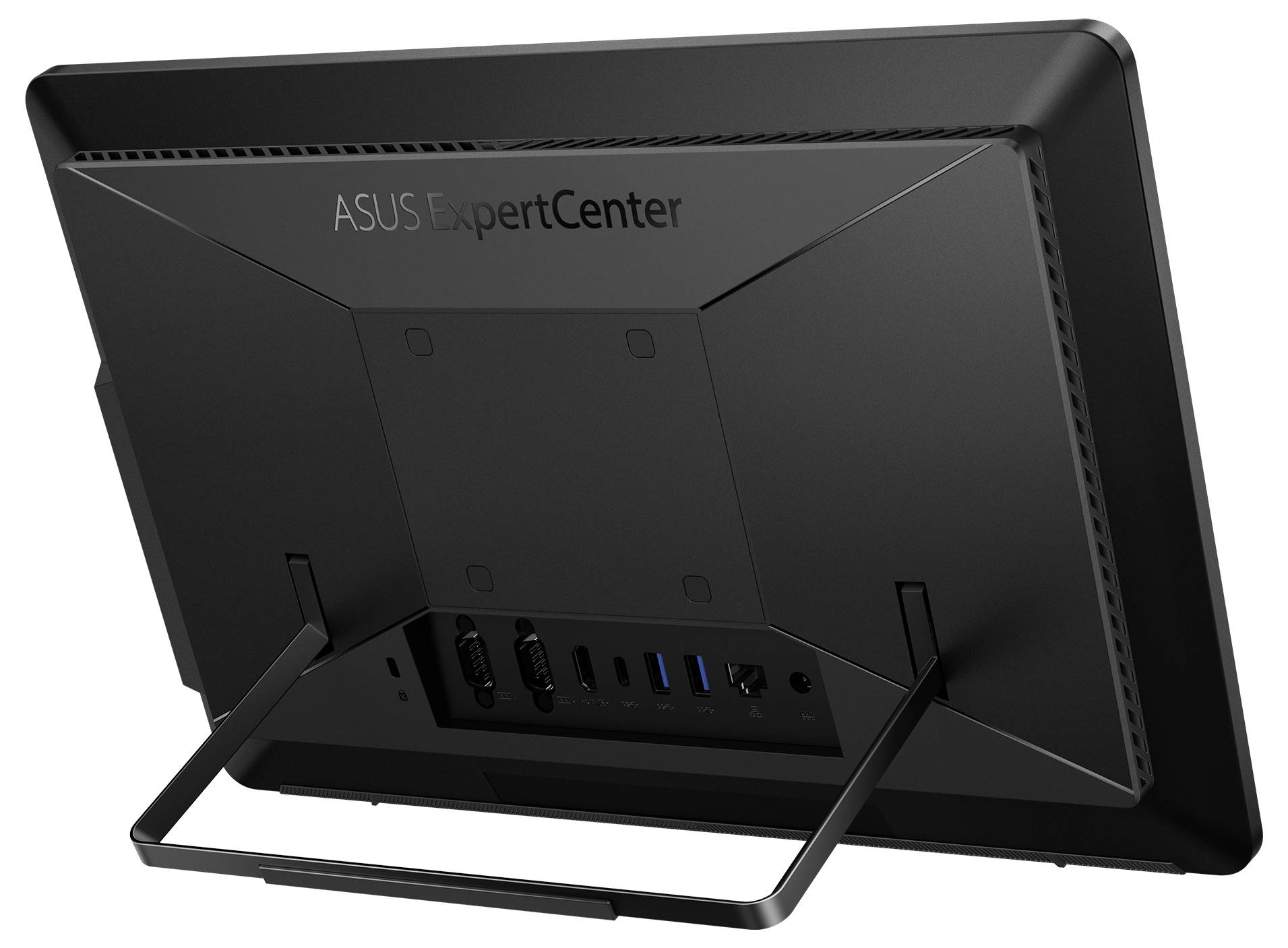 Rückansicht eines ASUS ExpertCenter All-in-One-Computers mit verschiedenen Anschlüssen wie USB, HDMI und Kopfhörerbuchse, mit einem Ständer.
