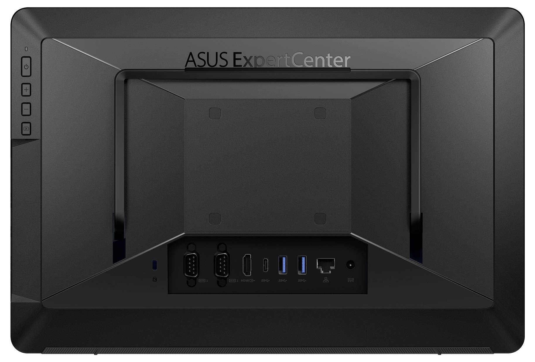 Rückansicht eines ASUS ExpertCenter-Monitors mit verschiedenen Anschlüssen, einschließlich HDMI, USB und Ethernet, in der Mitte hervorgehoben.