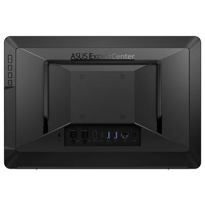 Rückansicht eines ASUS ExpertCenter-Monitors, der Anschlüsse wie HDMI, USB und Ethernet vor einem schwarzen Rahmen zeigt.