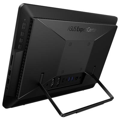 Ein schwarzer ASUS ExpertCenter All-in-One-Computer, von hinten betrachtet, mit Anschlüssen und Standfuß.