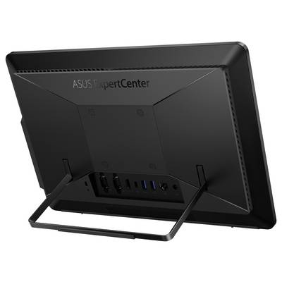 Rückansicht eines ASUS ExpertCenter-Computers mit Anschlüssen und Ständer, wobei die Konnektivitätsoptionen hervorgehoben werden