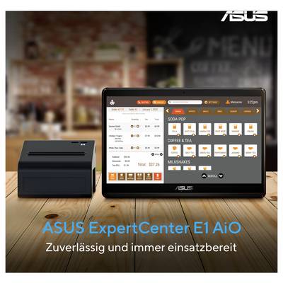 ASUS ExpertCenter E1 AiO auf einem Holztisch mit einer Point-of-Sale-Oberfläche für Bestellungen. Text lautet: 'Zuverlässig und immer einsatzbereit'.