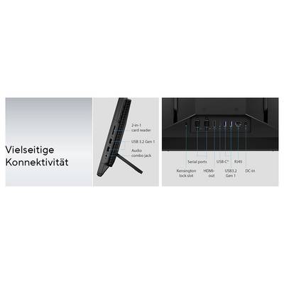 Ein Monitor, der seine Seiten- und Rückports zeigt, einschließlich "2-in-1-Kartenleser", "USB 3.2 Gen 1", "Audio-Kombibuchse", serieller Anschlüsse, HDMI-Ausgang und mehr.