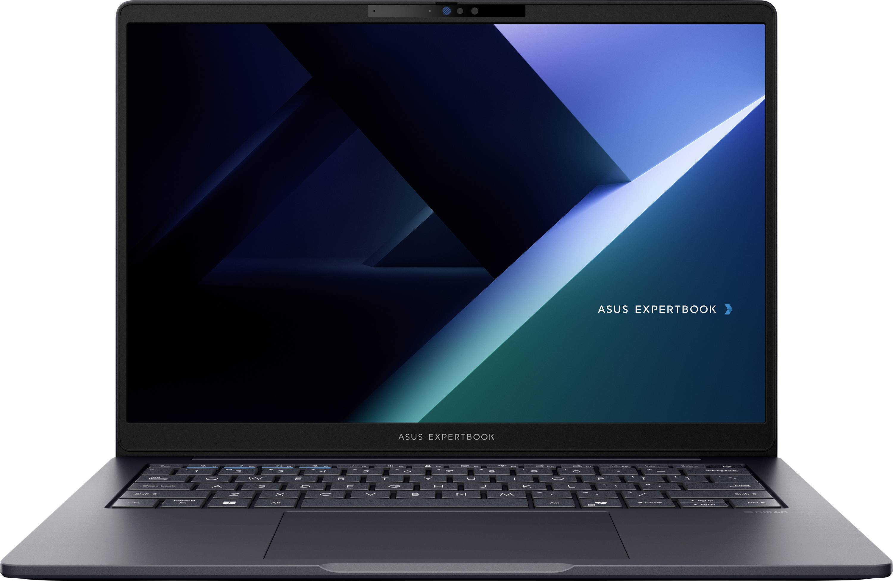 Ein schlankes Asus ExpertBook Laptop mit einem dunklen, abstrakten geometrischen Hintergrund, der auf dem Bildschirm angezeigt wird.