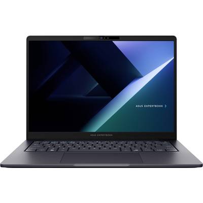 Ein schlankes Asus ExpertBook Laptop mit einem dunklen, abstrakten geometrischen Hintergrund, der auf dem Bildschirm angezeigt wird.