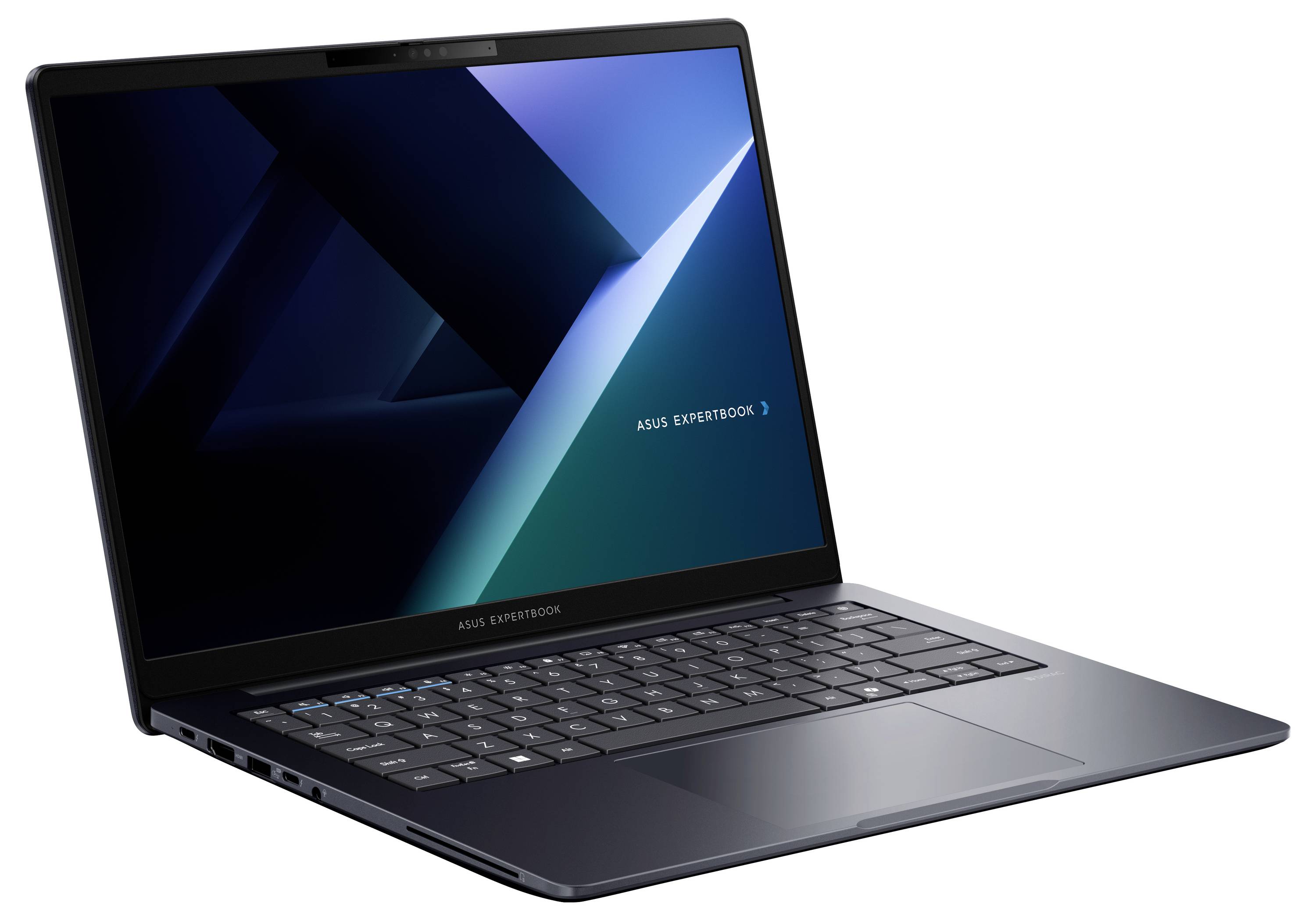 Schwarzer Laptop mit elegantem Design, auf dessen Bildschirm ein geometrisches Hintergrundbild zu sehen ist. Der Laptop ist geöffnet und zeigt seine Tastatur und Anschlüsse.