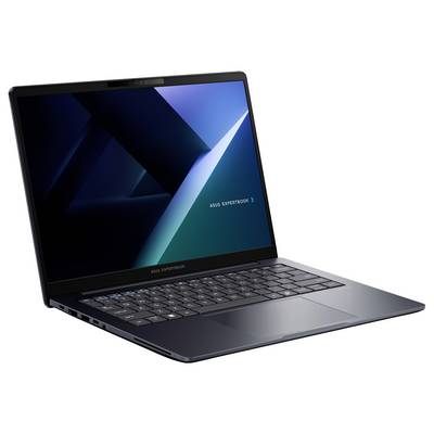 Schwarzer Laptop mit elegantem Design, auf dessen Bildschirm ein geometrisches Hintergrundbild zu sehen ist. Der Laptop ist geöffnet und zeigt seine Tastatur und Anschlüsse.