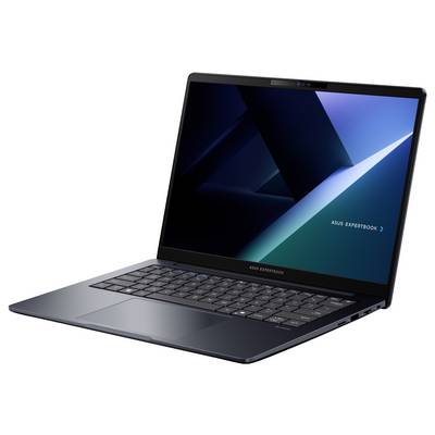 Ein schlankes ASUS ExpertBook X Laptop mit dunkelblaues Design, leicht gewinkelt geöffnet und mit einem dezenten abstrakten Hintergrund.