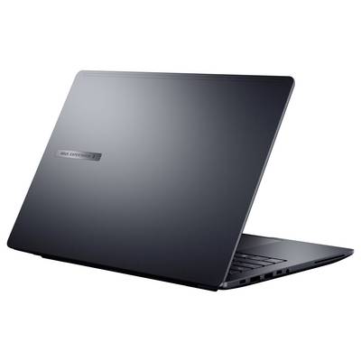 Ein schlankes, geschlossenes Laptop, aus der Rückansicht von links, mit matter, dunkler Oberfläche und einem 'Asus' Logo auf dem Deckel.