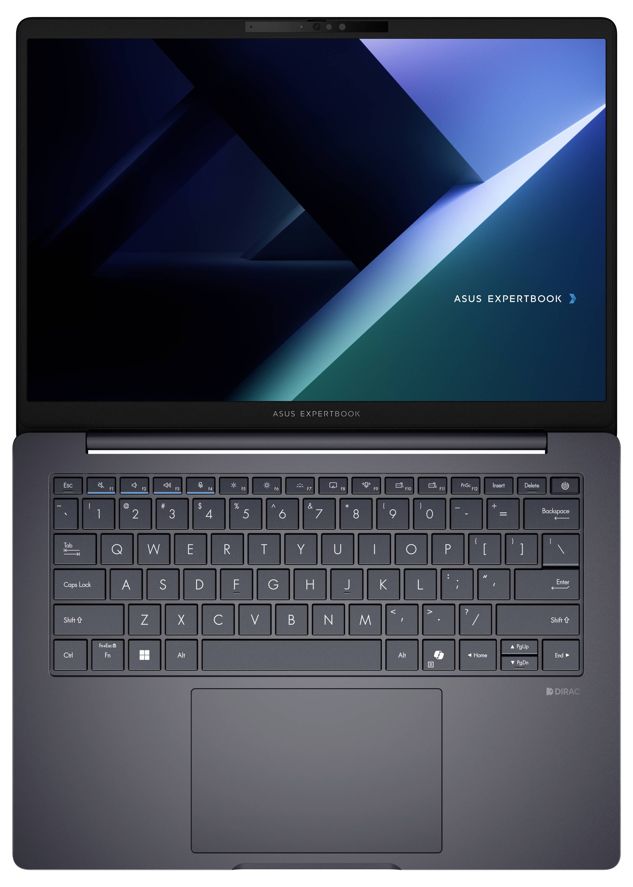 Ein offener Laptop, auf dessen Bildschirm die Markierung "ASUS ExpertBook" zu sehen ist. Die Tastatur und das Touchpad sind sichtbar. Der Bildschirm zeigt ein geometrisches Muster.
