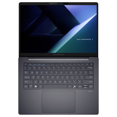 Ein offener Laptop, auf dessen Bildschirm die Markierung "ASUS ExpertBook" zu sehen ist. Die Tastatur und das Touchpad sind sichtbar. Der Bildschirm zeigt ein geometrisches Muster.
