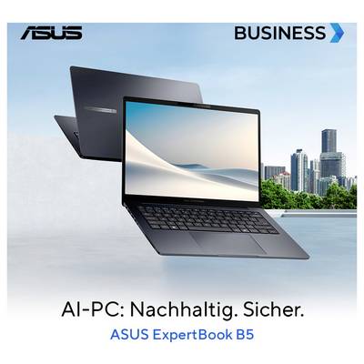 Zwei Laptops auf einem Stadtlandschaftshintergrund mit dem Text 'KI-PC: Nachhaltig. Sicher.' und 'ASUS ExpertBook B5' unten.