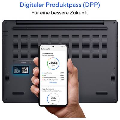 Ein Smartphone zeigt einen Nachhaltigkeitsbericht mit einem CO2-Fußabdruck von 250 kg. Rückseite eines Laptops sichtbar. Text: 'Digitaler Produktpass (DPP) Für eine bessere Zukunft'.