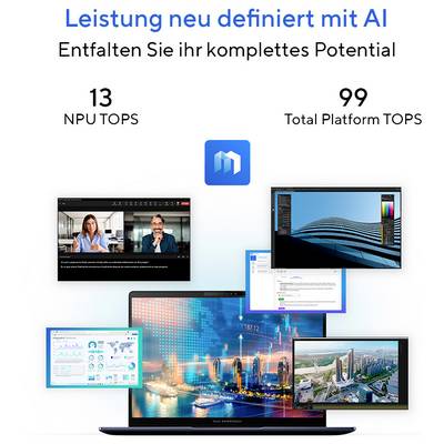 Ein deutscher Werbetext, der die KI-Leistung hervorhebt. Er zeigt mehrere Bildschirme, einen zentralen Laptop und die Texte: "13 NPU TOPS", "99 Gesamt-Plattform TOPS".