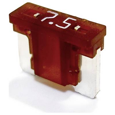 Eine rote 7,5-Ampere-Kfz-Sicherung mit flachen Metallzungen, die von unten herausragen.