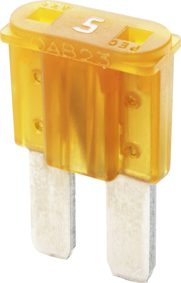 Eine orangefarbene 5-Ampere-Flachsicherung mit Metallstiften, die in automobilen oder elektronischen Anwendungen verwendet wird.