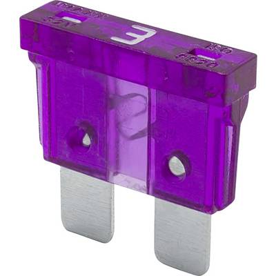 Eine violette Automotive-Flachsicherung mit einer Nennstromstärke von 3 Ampere, ausgestattet mit zwei Metallstiften für die elektrische Verbindung.