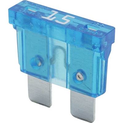 Eine blaue 15-Ampere-Kfz-Flachsicherung mit zwei Metallstiften, die zum Schutz von elektrischen Stromkreisen in Fahrzeugen verwendet wird.