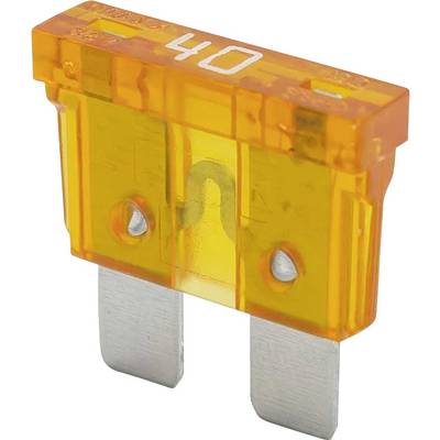 Eine orangefarbene 40-Ampere-Klingenfusible mit zwei Metallzapfen und einem transparenten Gehäuse.