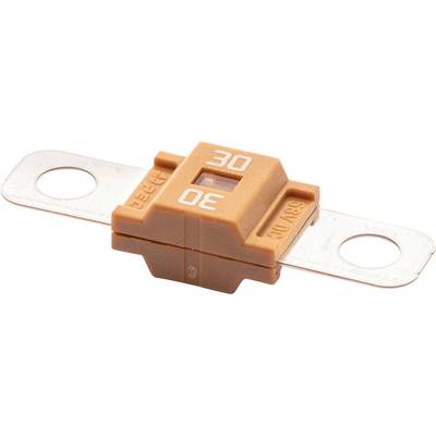 Eine orangefarbene Kfz-Flachsicherung mit 30 Ampere, versehen mit Metallanschlüssen an beiden Seiten, die zum Schutz elektrischer Schaltkreise in Fahrzeugen verwendet wird.