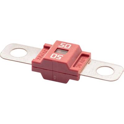 Eine rote 50-Ampere-Klingenfuse mit Metallkontakten an beiden Enden, die zur elektrischen Sicherheit in Automobil- oder elektronischen Systemen verwendet wird.