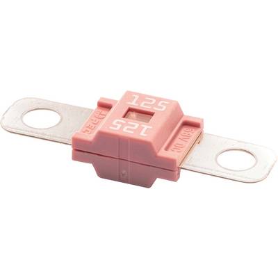 Eine rosa 125-Ampere Flachsicherung mit Metallkontakten an beiden Enden, die in automobilen elektrischen Systemen verwendet wird, um Überlastungen zu verhindern.