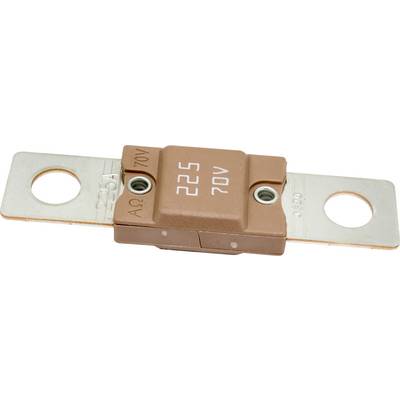 Eine braune Elektrokomponente mit der Beschriftung "225 70V" und zwei Metallanschlussenden sowie Befestigungslöchern.