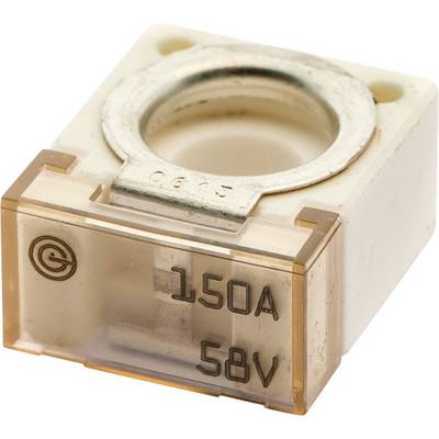 Eine weiße, quadratische elektrische Sicherung mit der Bewertung '150A 58V', die oben einen metallischen Ring und seitlich ein markiertes kreisförmiges Symbol aufweist.