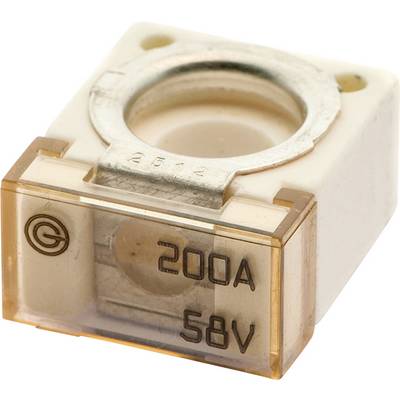 Eine 200-Ampere, 58-Volt-Keramik-Sicherung mit transparentem Deckel, die die internen Komponenten zeigt. Geeignet für elektrischen Leitungsschutz.