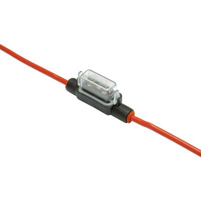 Ein roter Draht mit einem integrierten Sicherungshalter, der eine sichtbare Sicherung enthält und zum Schutz elektrischer Stromkreise verwendet wird.