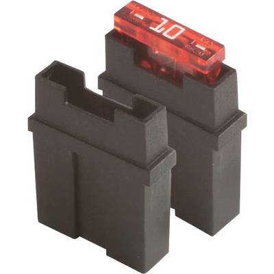 Eine rote 10-Ampere-Autoflachsicherung, teilweise in einen schwarzen Kunststoffhalter eingesetzt, mit Anschlussvorsprüngen für elektrische Verbindung bereit.