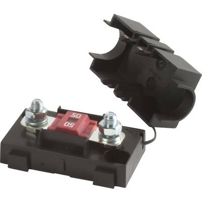 Ein Autosicherungsblock mit einer roten 50A-Sicherung. Die schwarze Abdeckung ist geöffnet und zeigt zwei Metallklemmen.