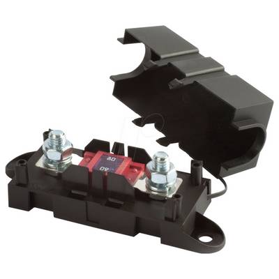 Ein elektrischer Sicherungshalter mit einer roten 60-Ampere-Sicherung, ausgestattet mit zwei Metallklemmen, die mit Muttern befestigt sind, und einem teilweise geöffneten schwarzen Plastikdeckel.