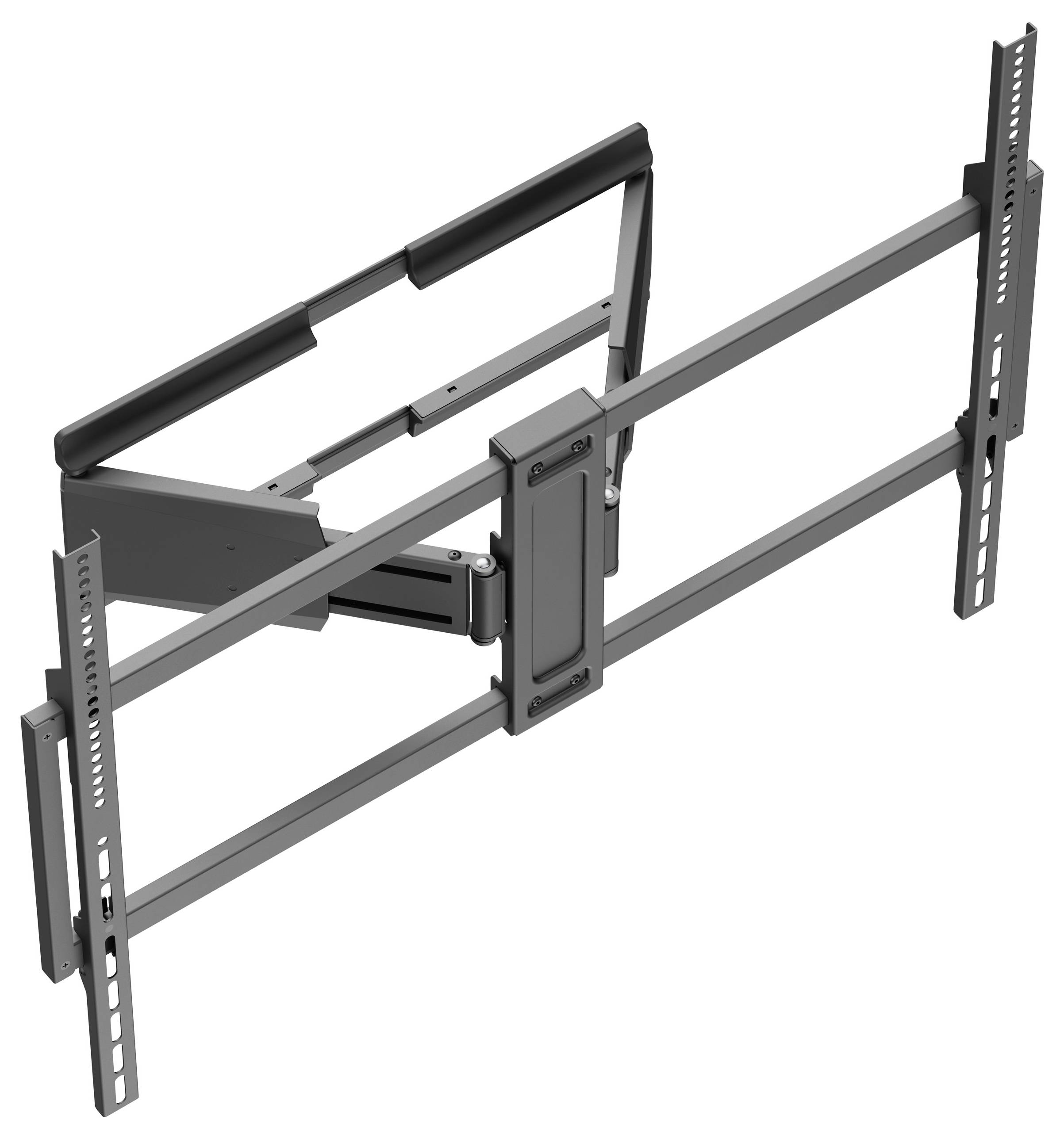 Eine schwarz-grau verstellbare TV-Wandhalterung mit mehreren Halterungen, die dazu ausgelegt ist, Flachbildfernseher verschiedener Größen sicher zu halten.