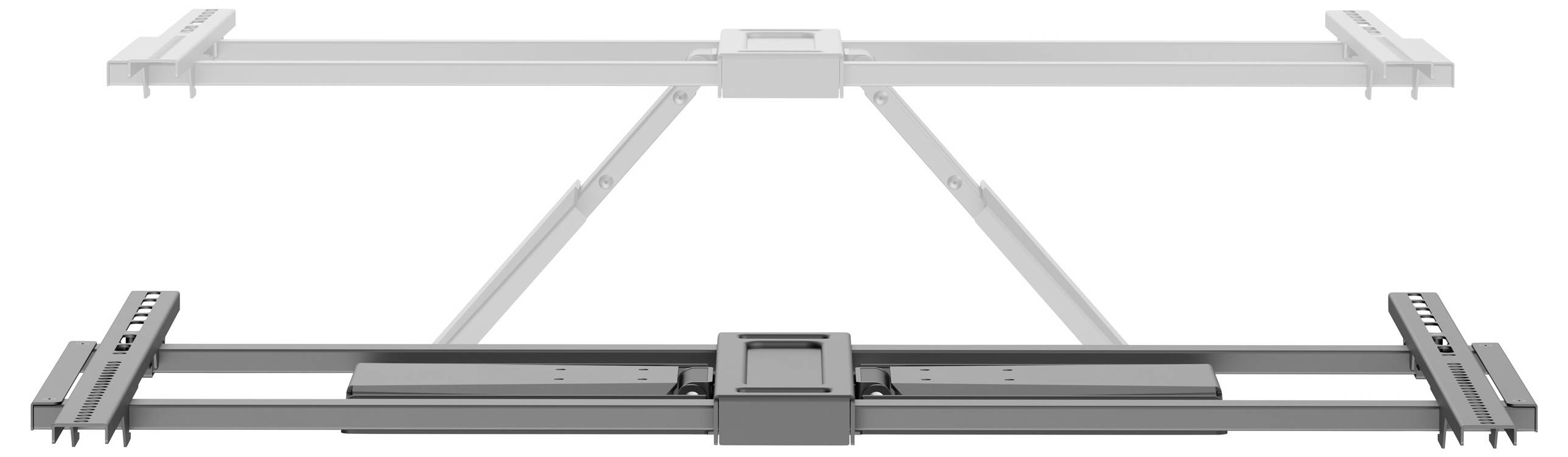 Ein leichter Rahmen, der einem Kamera-Schieber ähnelt, mit einer schwarzen Doppelschiene und zentraler Montageeinheit, gestützt durch zwei transparente, abgewinkelte Beine.