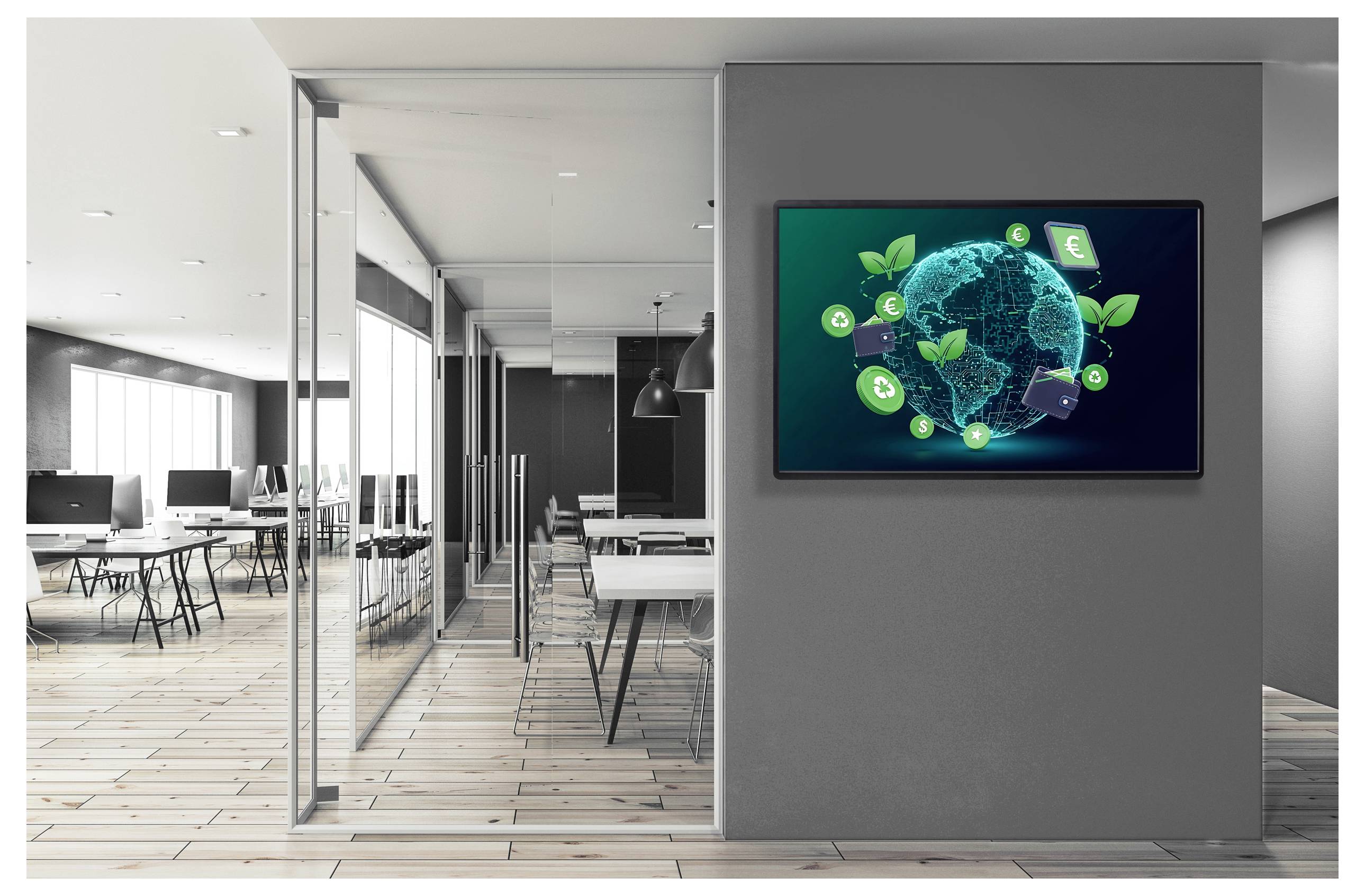 Ein Büro mit modernem Dekor und Holzböden zeigt einen digitalen Bildschirm mit einer grünen umweltfreundlichen Grafik der Erde mit Symbolen der Nachhaltigkeit.