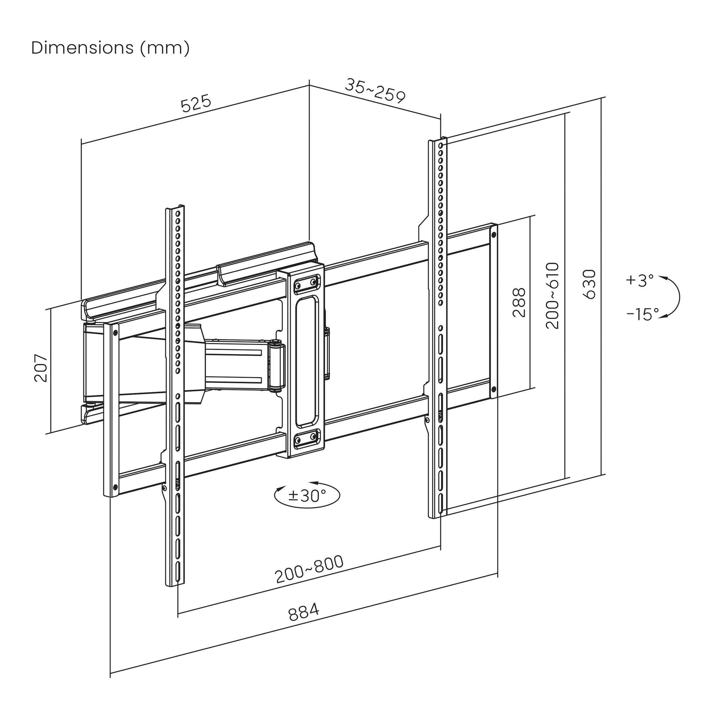 Wandmontage-Halterungsabmessungen in mm: Breite 884, Höhe 207, Tiefe 355-259. Vertikale Einstellung +3° bis -15°, horizontal ±30°.