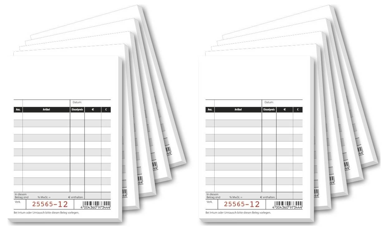 Ein Stapel weißer Notizblöcke, die jeweils eine Tabelle mit den Spalten 'Artikel' und 'Einzelpreis' aufweisen, die für Inventur oder Preisgestaltung verwendet werden.