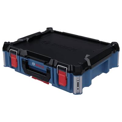 Ein blau-schwarzer Bosch-Werkzeugkasten mit roten Verschlüssen und einem Griff, konzipiert für die Aufbewahrung und den Transport von Ausrüstung.