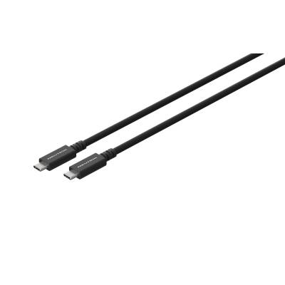 Zwei USB-C-Kabel auf einem schwarzen Hintergrund, die jeweils mit 'Thunderbolt' gekennzeichnet sind und auf Hochgeschwindigkeits-Datenübertragungsfähigkeiten hinweisen.