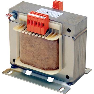 Ein Metall-Transformator mit einem roten Klemmblock, auf einer flachen Grundplatte montiert, der zur elektrischen Energieumwandlung oder -steuerung verwendet wird.