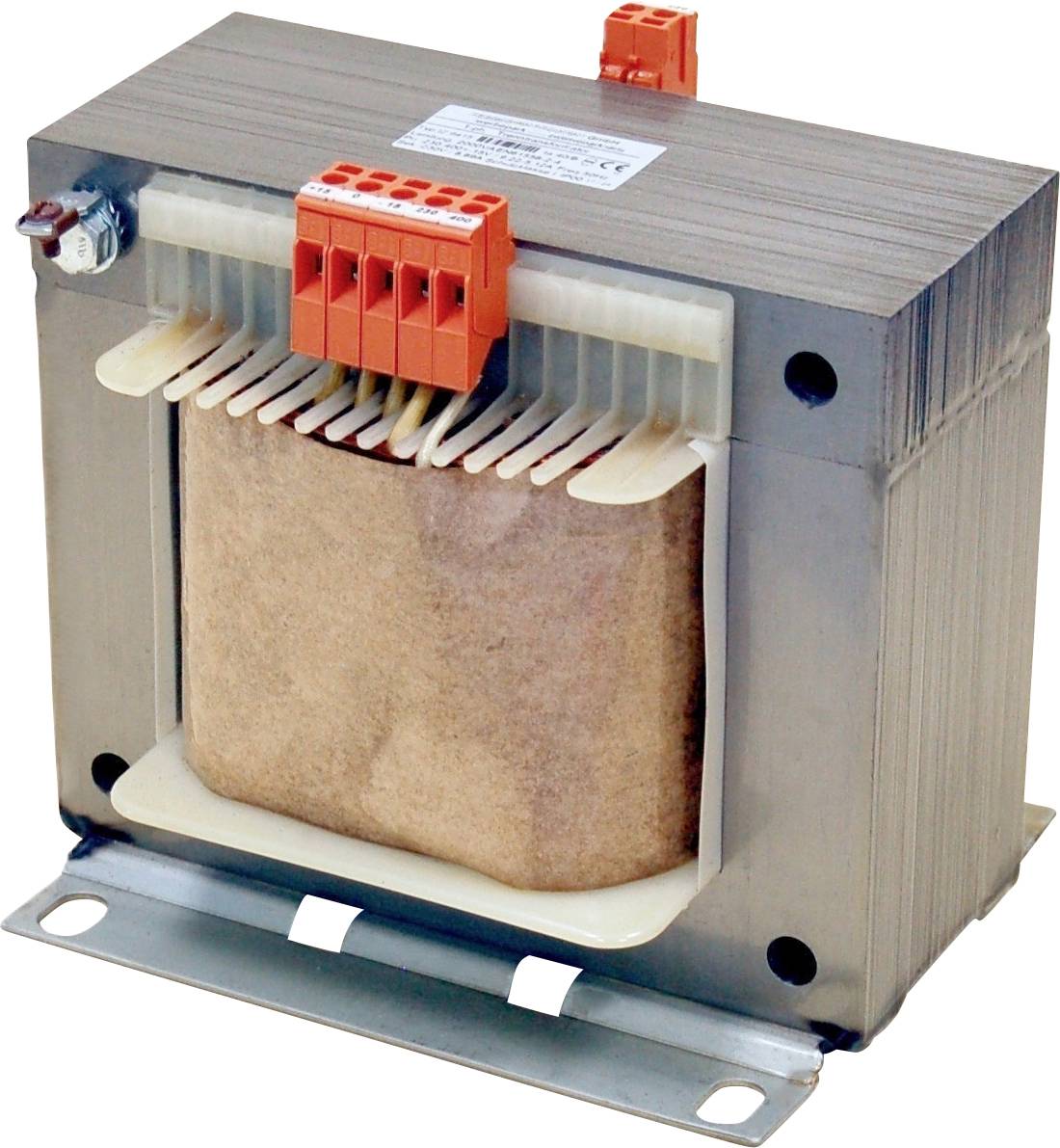 Ein Transformator mit Metallgehäuse mit orangefarbenen und weißen Anschlussklemmen oben, montiert auf einer Grundplatte mit Schrauböffnungen zur Installation.