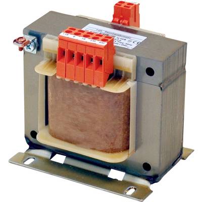 Ein brauner industrieller Transformator mit Metallgehäuse und roten und orangefarbenen Anschlussklemmen oben, montiert auf einer Metallbasisplatte.
