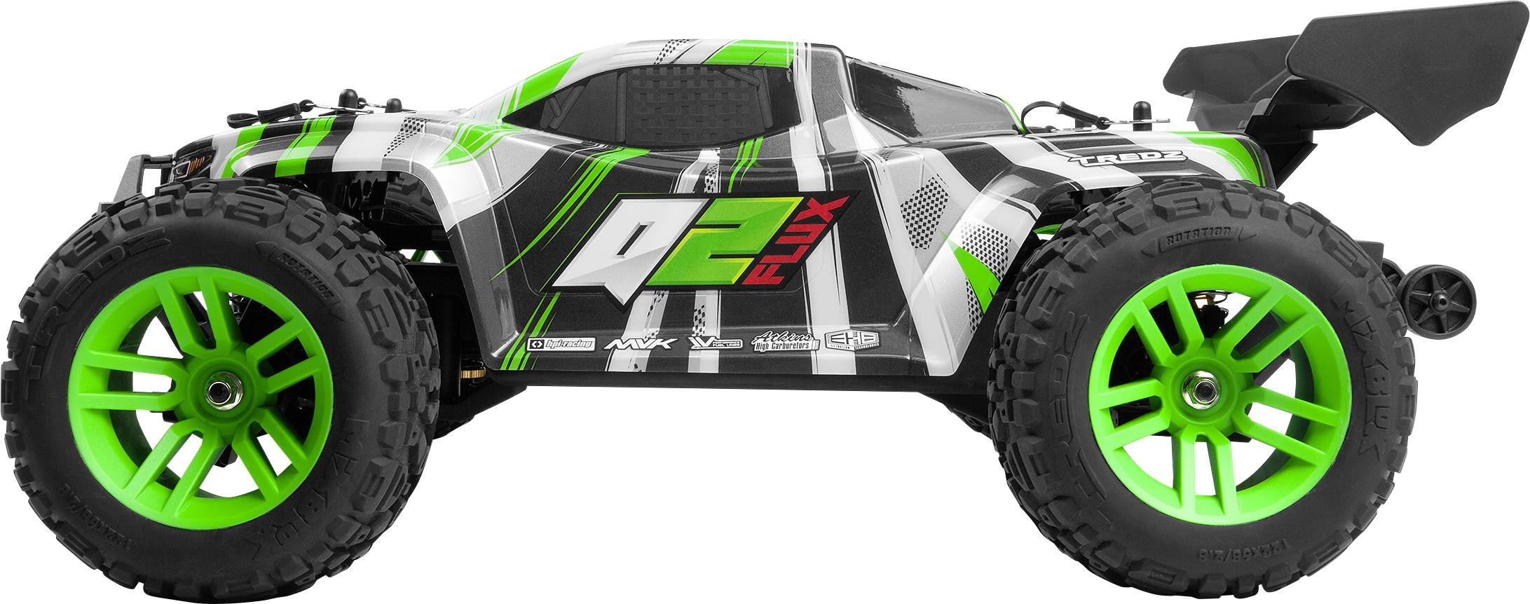 Ein grün-schwarzes ferngesteuertes Auto mit elegantem Design und großen Reifen, auf dessen Seite der Text 'Q2 Flux' zu sehen ist.