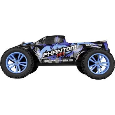 Ein schwarzer und blauer Spielzeug-Lastwagen mit großen Reifen und blauen Felgen, mit dem Text 'Phantom MT' an der Seite.