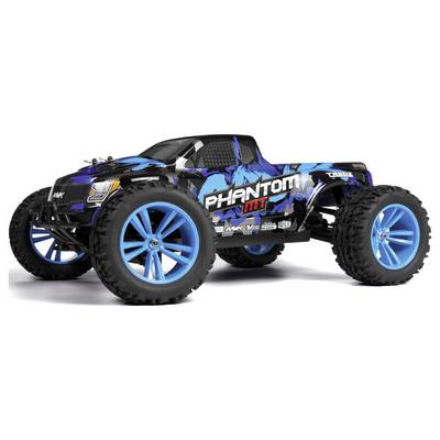 Ein ferngesteuertes Truck mit der Aufschrift 'Phantom MT' an der Seite. Es ist schwarz mit blauen Akzenten und großen blauen Rädern, was ein robustes Design zeigt.