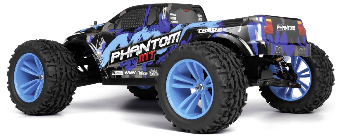 Ein ferngesteuertes Truck mit großen blauen Rädern und einem blau-schwarzen gemusterten Karosseriedesign, auf dem der Text "PHANTOM MT" angebracht ist.