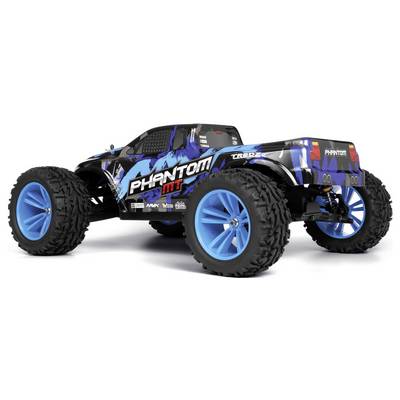 Ein ferngesteuertes Truck mit großen blauen Rädern und einem blau-schwarzen gemusterten Karosseriedesign, auf dem der Text "PHANTOM MT" angebracht ist.