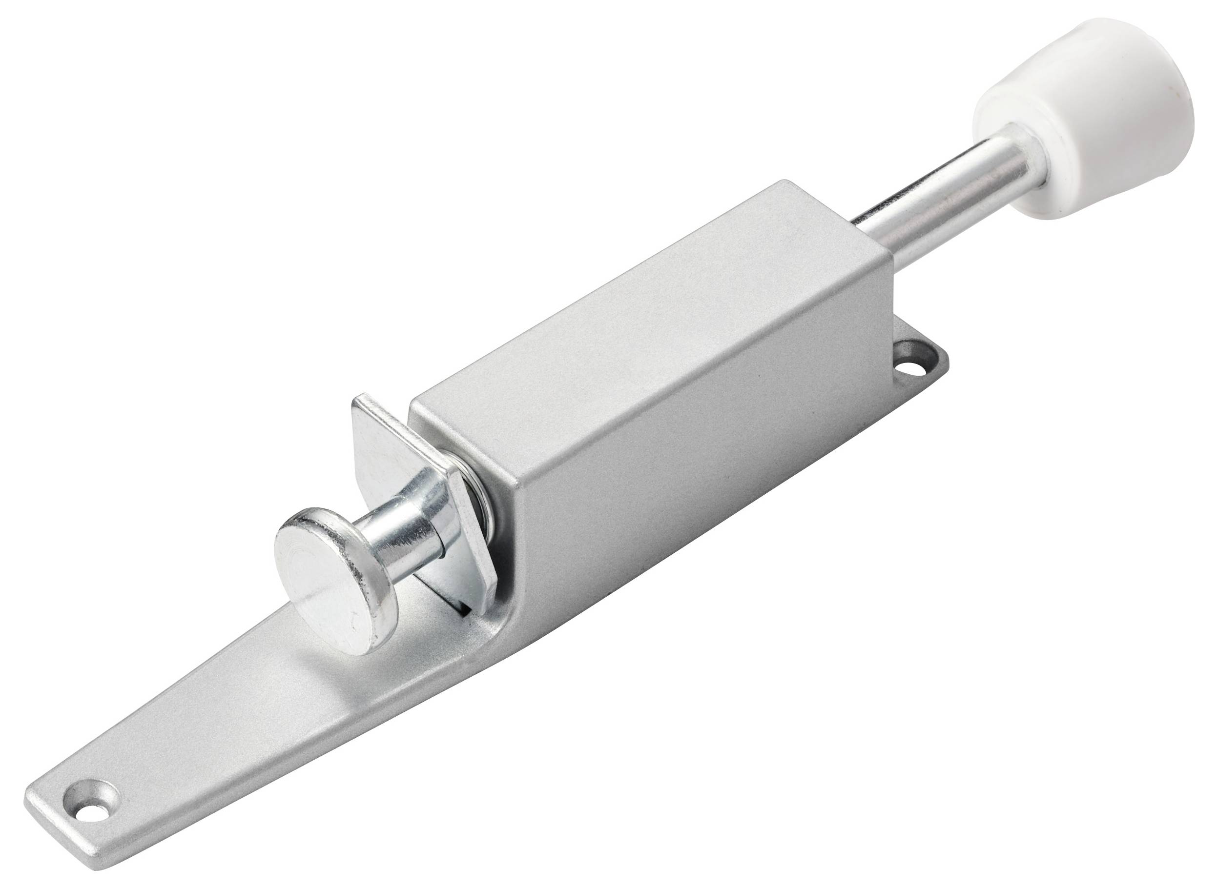 Ein Türstopper aus Metall mit einer zylindrischen Gummispitze, entwickelt, um Türen am vollständigen Schließen zu hindern, mit einer eleganten silbernen Oberfläche.