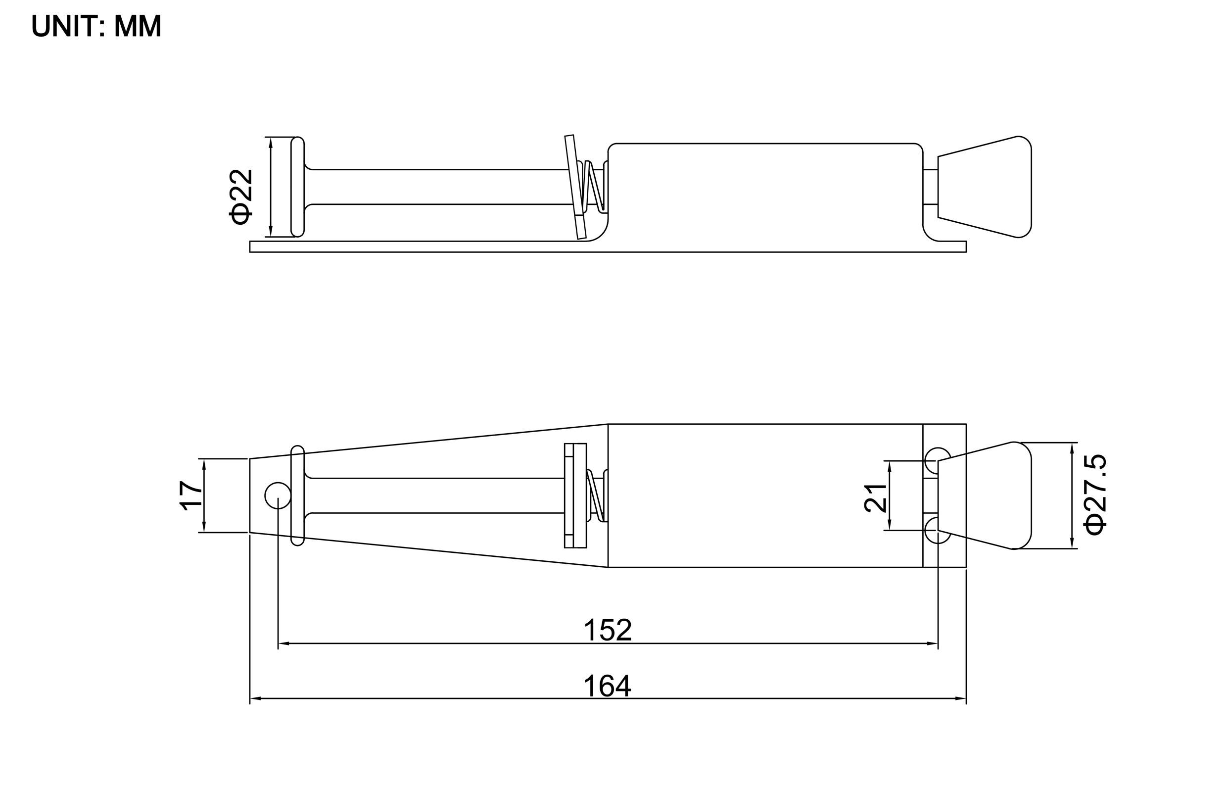 Technische Zeichnung einer mechanischen Komponente mit in Millimetern beschrifteten Abmessungen. Hauptkörperlänge: 152 mm; Gesamtlänge: 164 mm.
